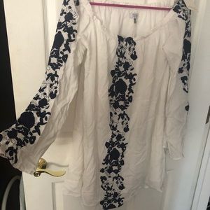 White dress with navy blue flowers